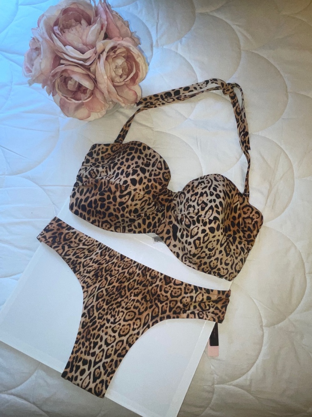 Victorias Secret Leopard Print Halter Bikini Swim Set 36DDD/XL NEW